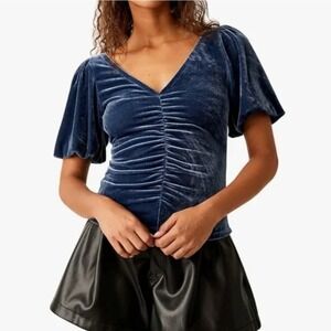 NWT Free People Women's Cupcake‎ Velvet Top V-Neck Puffed Sleeve Blue Size XS